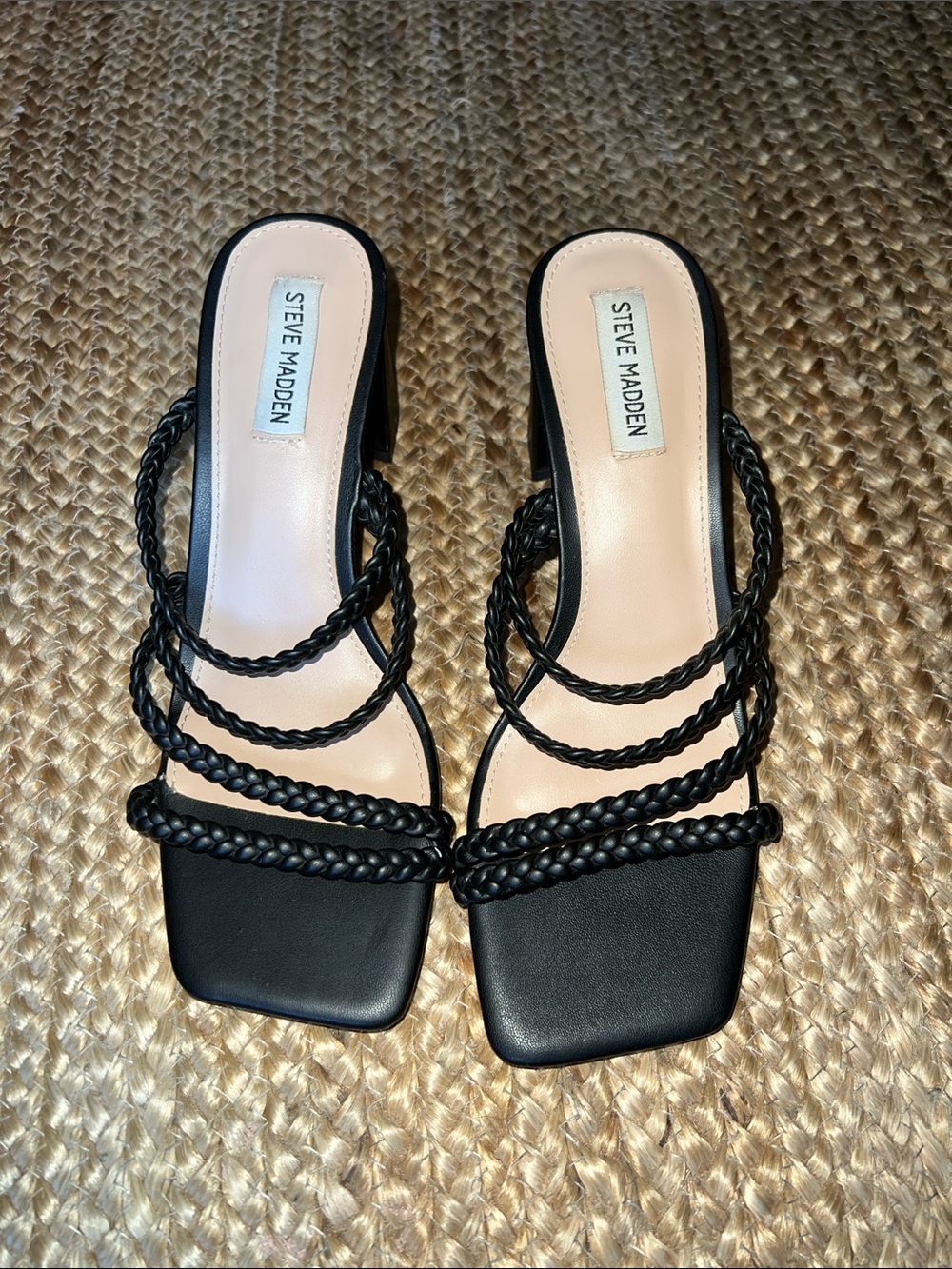Steve Madden Black Braided-Strap Square-Toe Heels